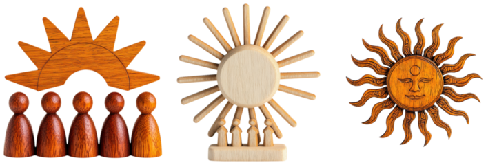 leadership community figure wooden concept. Wooden decorative art featuring sun and sunburst motifs.