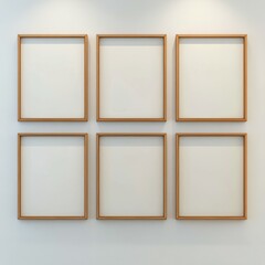 Fototapeta premium Six Blank Wooden-Framed Posters Arranged in a Grid on a Minimalistic White Wall, Ideal for Art or Design Displays