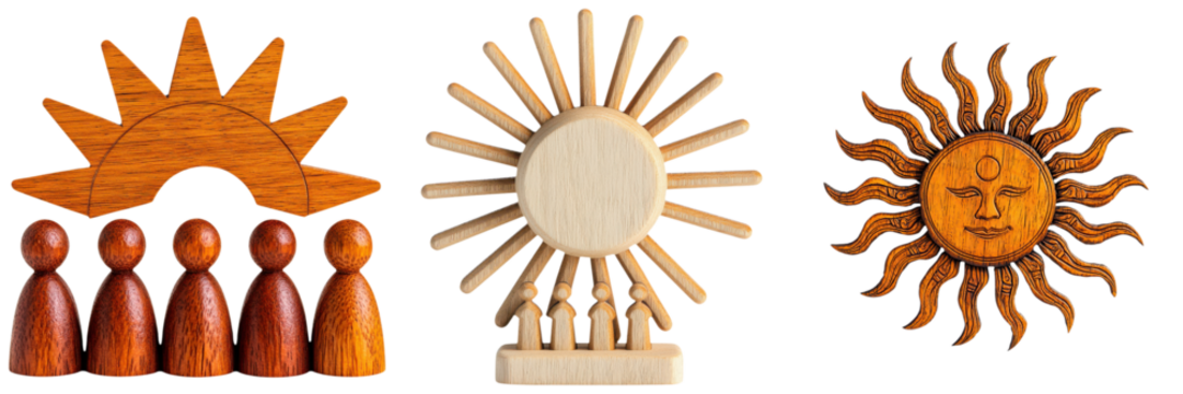 leadership community figure wooden concept. Wooden decorative art featuring sun and sunburst motifs.