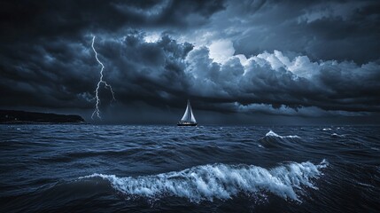 Lone Sailboat Braving a Dramatic Thunderstorm at Sea