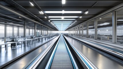 Obraz premium High-tech mechanical assembly line with robotic automation in a factory setting.