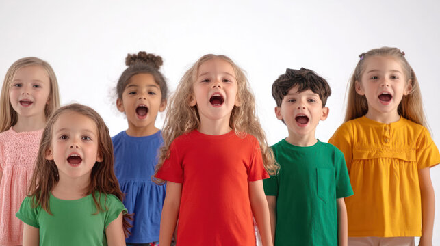 A diverse group of children joyfully singing together in a bright studio, showcasing their vibrant outfits and engaging expressions, with a neutral background
