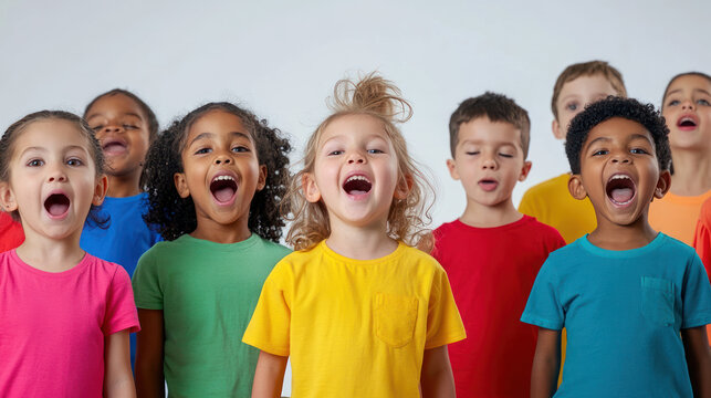 A diverse group of children joyfully singing together, wearing colorful t-shirts, against a plain background, showcasing unity and happiness in a community setting