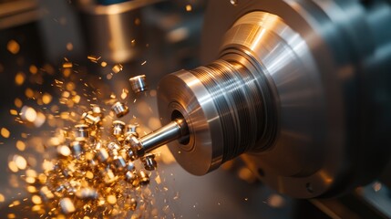 Industrial lathe shaping a metallic component, representing mechanical manufacturing.