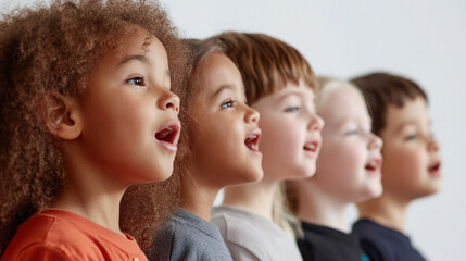 Fototapeta premium A diverse group of children singing joyfully in unison, showcasing their expressions and engagement, with a neutral background emphasizing their performance