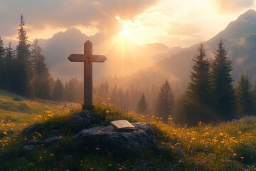 Mountain Cross and Bible with Sunlight in Colorful Sky Background
