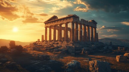 Obraz premium A majestic ancient temple stands during a colorful sunset in nature