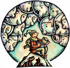 Climber on the top of a mountain surrounded by clouds with friendly faces