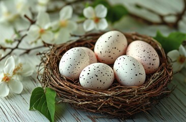 Rustic Still Life Bird's Nest with Speckled Eggs and Green Leaves on White Wooden Background