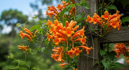 鮮やかオレンジの花 木枠に絡まる 優しい光