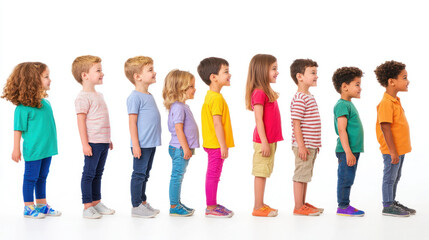 Obraz premium A diverse group of children standing in a line, showcasing different hairstyles and outfits, with a bright white background emphasizing their cheerful expressions