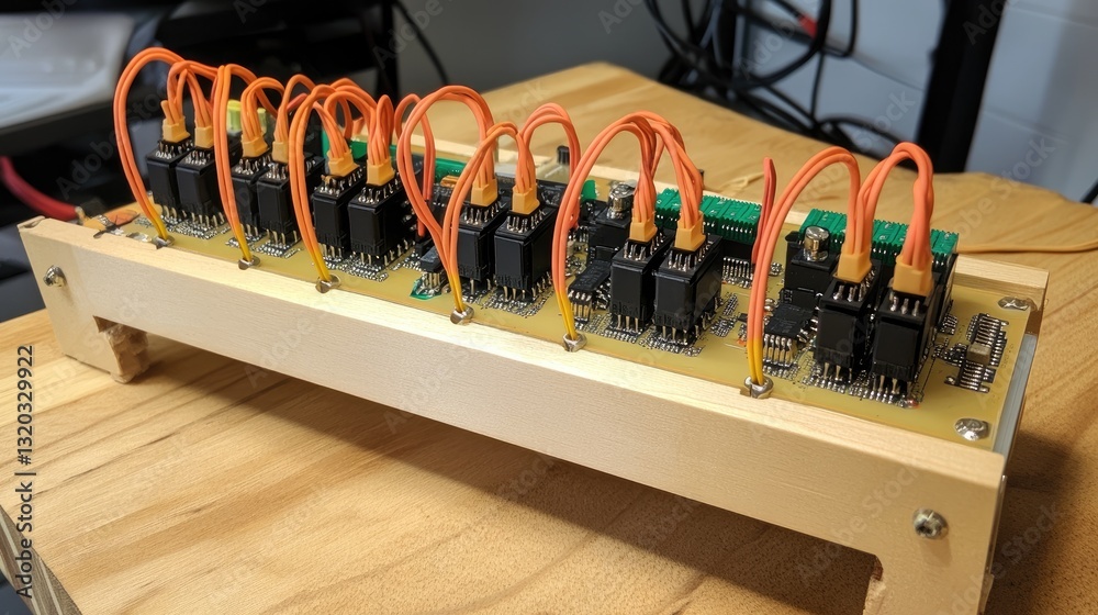 Poster microcontroller board with jumper wires and sensors connected for an electrical engineering project.