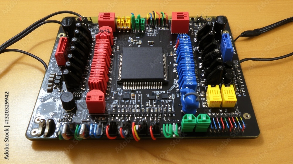 Poster microcontroller board with jumper wires and sensors connected for an electrical engineering project.