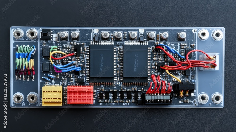 Poster microcontroller board with jumper wires and sensors connected for an electrical engineering project.
