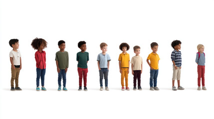 Obraz premium A diverse group of children standing in a line, showcasing various expressions and outfits against a plain white background, ideal for educational or marketing use