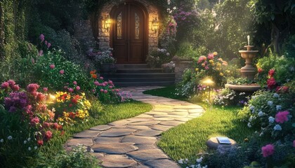 Fototapeta premium A flagstone home pathway winds through a vibrant garden to the door 1. Generative AI