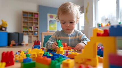 A Child's Playful Exploration of Colorful Building Blocks