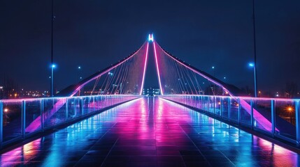 Obraz premium A modern bridge illuminated with vibrant neon colors at night