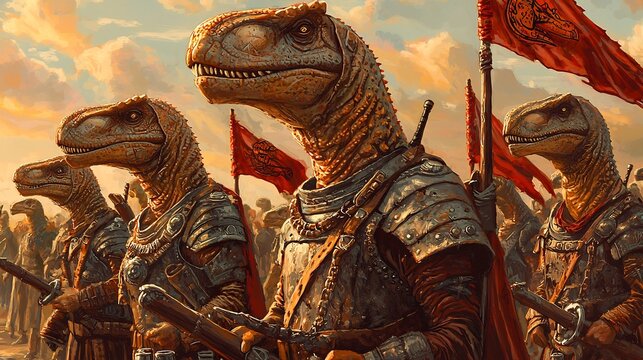 Parallel universe where dinosaurs have evolved into intelligent beings wearing armor and wielding tools