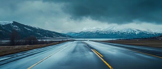 Winding snow covered mountain road cutting through a dramatic majestic winter landscape with towering snow capped peaks overcast skies and a serene peaceful atmosphere