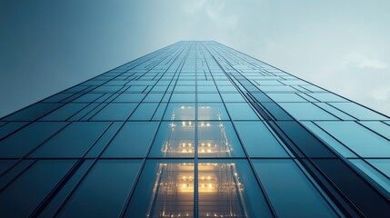 Fototapeta premium The upward angle of a glass skyscraper reaching the sky