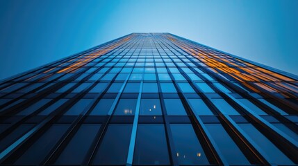 Fototapeta premium A tall modern skyscraper reaching upwards toward the clear blue sky
