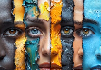 Eyes of Unity and Diversity in a Colorful Collage Displaying Equality and Emotions Across Ages and Cultures