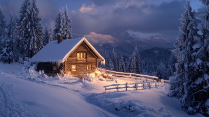 A cozy wooden cabin covered in snow in a winter landscape