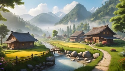 Obraz premium Serene Mountain Village with Traditional Wooden Houses