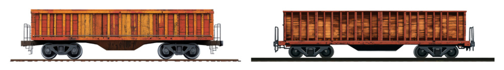 rusty freight train cars on tracks, isolated