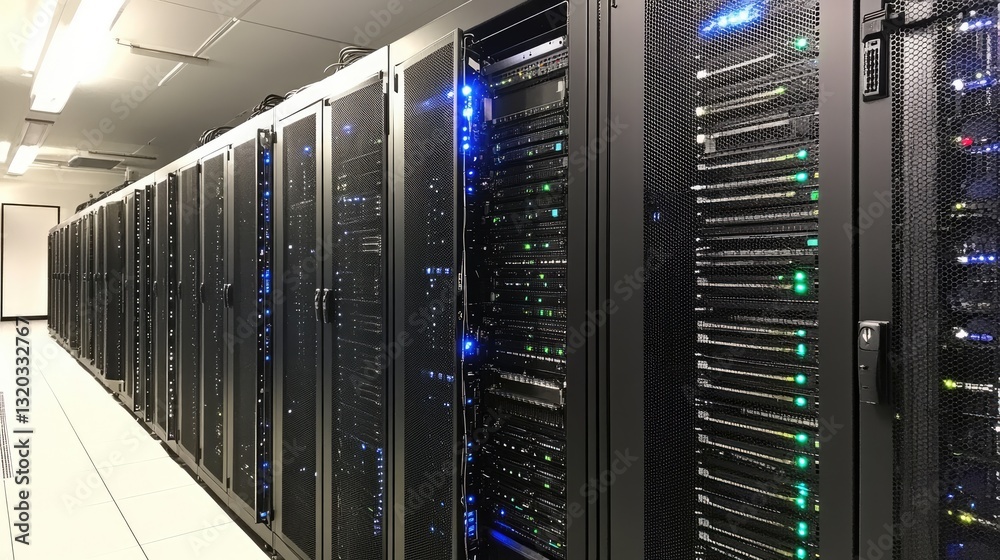 Poster supercomputer server room with high-powered cooling systems and led status displays.