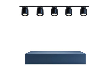 dark blue platform with five cylindrical spotlights on white background