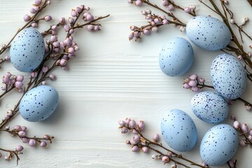 Obraz premium Easter eggs flat lay with willow branches on white wooden background spring decoration