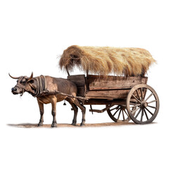 ox-drawn wooden cart with hay roof on transparent background