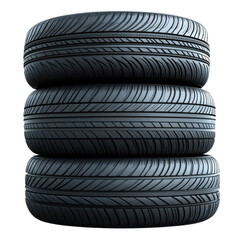 stack of three black car tires on white background