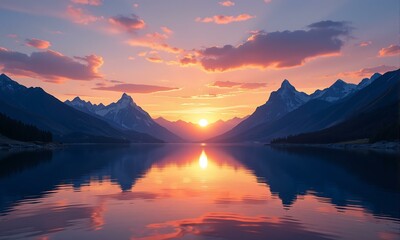 A photo of mountains and water during sunset.