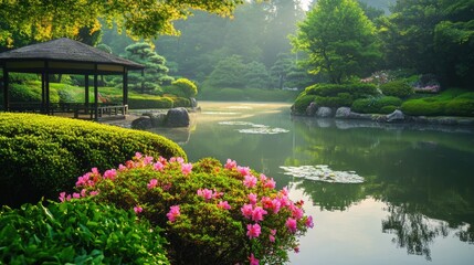 Fototapeta premium A beautiful garden landscape with a serene lake and pagoda