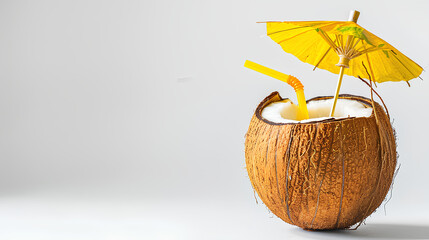 Fresh Green Coconut with Straw and Umbrella 