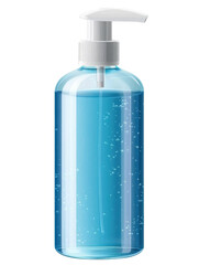 blue hand sanitizer pump bottle on transparent background