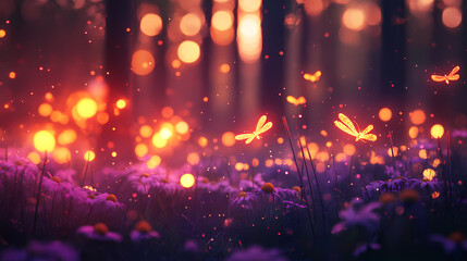 Fototapeta premium Enchanted Forest: A whimsical scene unfolds, with glowing lights and fireflies dancing amidst a field of vibrant purple flowers, all set within a dreamlike forest.