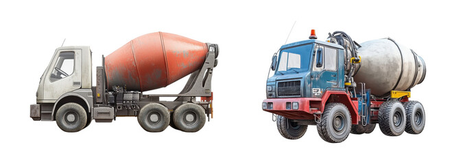 cement mixer trucks on white background, two industrial vehicles, side view