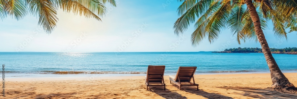 Poster relaxation spot at a serene beach with sun loungers under palm trees and gentle waves lapping at gol