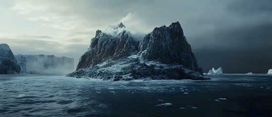 Dramatic and moody mountainous landscape with snow capped peaks rocky cliffs and icy shoreline under a stormy cloudy sky at dusk or twilight