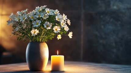 Obraz premium Urn candle and blooms on black backdrop