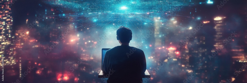 Poster engaging in virtual learning with ai assistance at night in a vibrant city setting