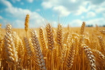 Fototapeta premium Golden wheat field with glowing sunlight and vintage texture, summer nature landscape background with copy space for text. Warm tones agriculture concept design, rural scenery for food packaging, eco-