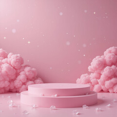 Blank Contemporary pink Stone Podium, front view focus, with pink cloud Background, ideal for eco-friendly and skincare product displays