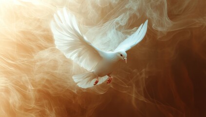 an ethereal white dove descends in golden light spreading its wings gracefully amidst smoky textures