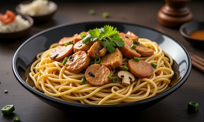 A plate of noodles with mushrooms and sausage.