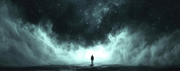 Dark sky idea. A solitary figure stands beneath a starry sky, enveloped by waves of cosmic fog.